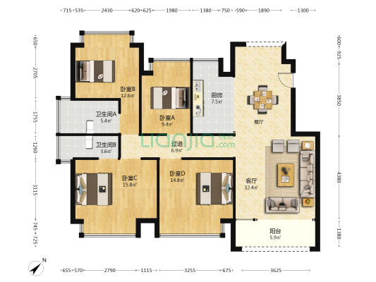 金庭雅居 4室1厅2卫 128平方