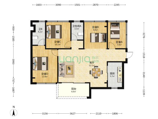 金沙濠逸花园 4室1厅2卫 104平方