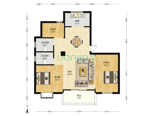 欣龙江南府 3室1厅2卫 117平方