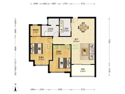 景华城 2室1厅1卫 100平方