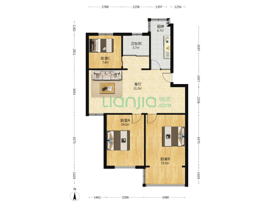 东城水岸 3室1厅1卫 104平方
