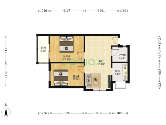 煤气管道宿舍 2室1厅1卫 72平方