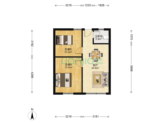跃进路2号 2室1厅1卫 64平方