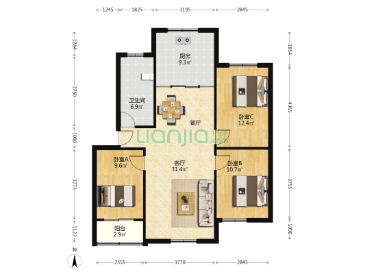 蔬菜小区宿舍 3室1厅1卫 104平方