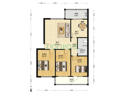 建材小区 3室2厅1卫 109平方