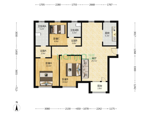 中国铁建唐颂国际2期 3室1厅2卫 115平方