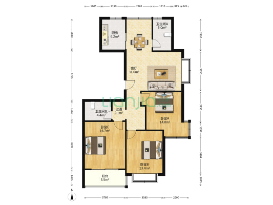 住嘉佳园 3室1厅2卫 125平方