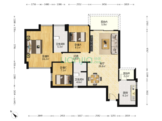 观山嘉苑 3室1厅2卫 113平方