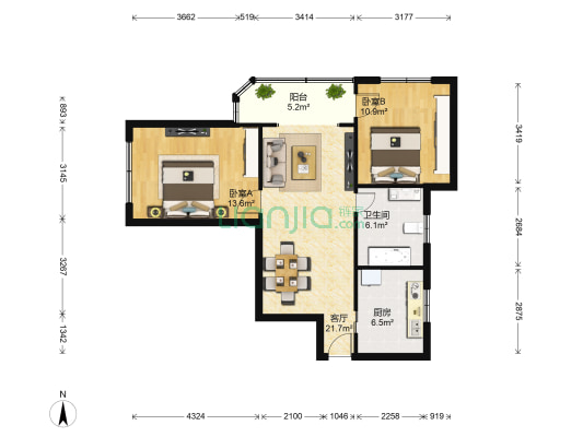 众源公寓 2室1厅1卫 90平方