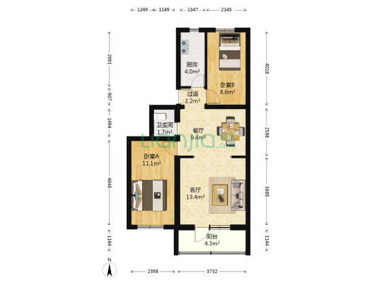 交道口北头条24号院 2室2厅1卫 69平方