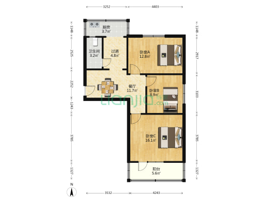 山西饭店宿舍 3室1厅1卫 80平方