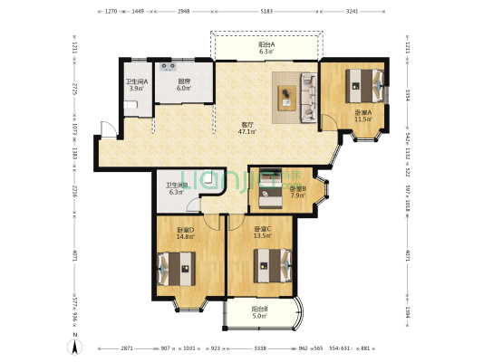 华源大厦 4室1厅2卫 139平方