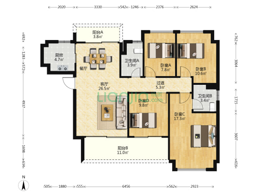 锦绣国际花城五期 4室1厅2卫 128平方