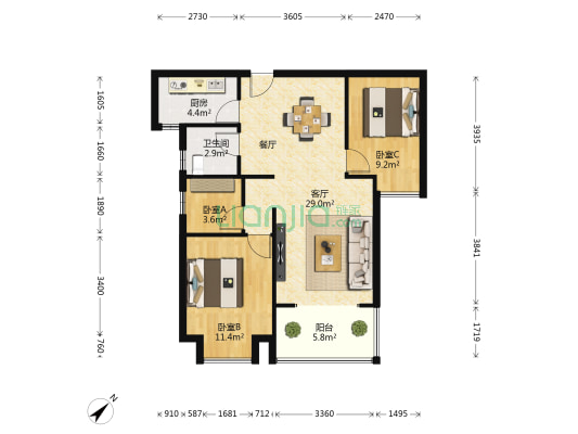 招商海德公馆二期 3室1厅1卫 82平方
