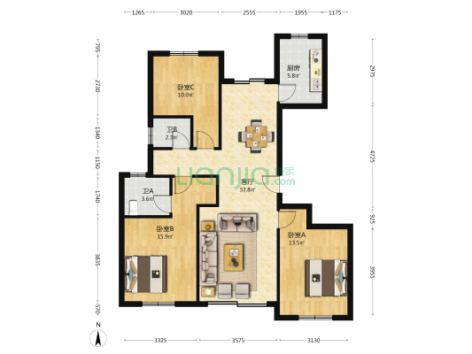 和睦家园 3室1厅2卫 126平方