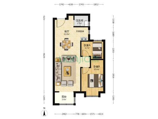 金辉优步水岸 2室1厅1卫 79平方