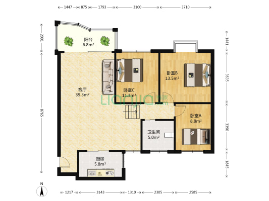 松溪园 3室1厅1卫 110平方