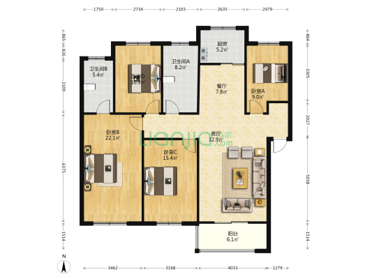 阳光枫景 4室2厅2卫 143平方