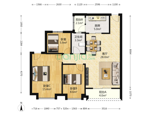 恒景豪庭 3室1厅1卫 83平方