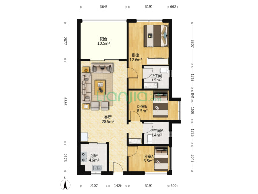 和泓·假日阳光 3室1厅2卫 89平方