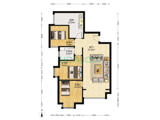 洪河城市花园 3室1厅1卫 109平方