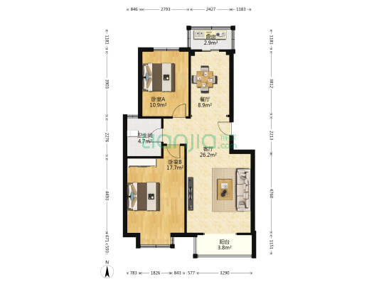 世嘉花苑 2室2厅1卫 95平方