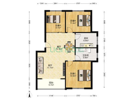 福特尔嘉园 3室2厅1卫 111平方