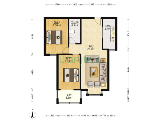 全南精装两居室，随时看房，拎包入住，房主自住-户型图