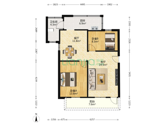 侨联社区新城区 2室2厅1卫 68平方