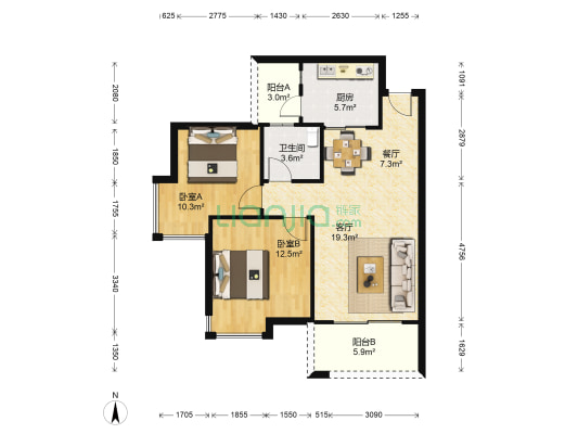 海逸华庭 2室2厅1卫 80平方