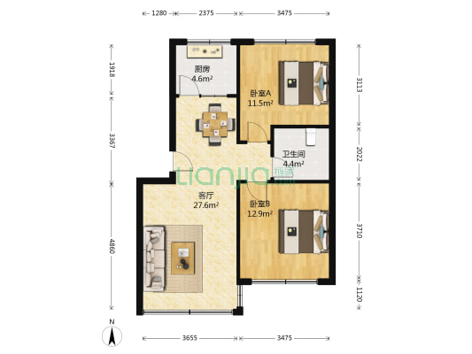 广厦花园 2室1厅1卫 76平方