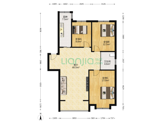美地庄园 3室1厅1卫 110平方