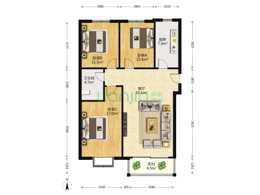 恒东茗居 3室1厅1卫 107平方