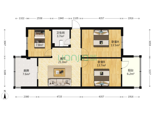 鑫森花园 3室1厅1卫 72平方