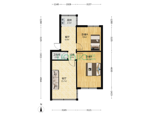 正东街45号 2室2厅1卫 54平方
