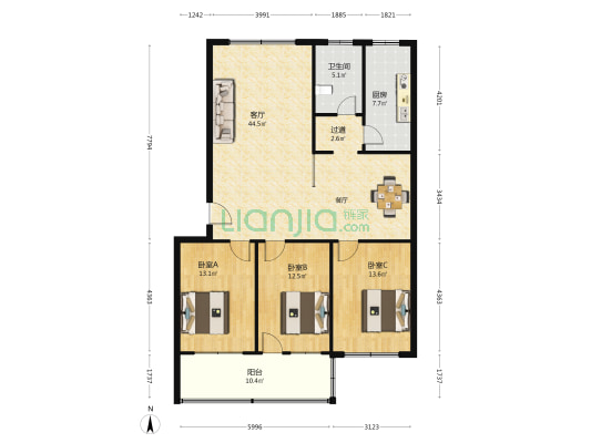 华都花园 3室1厅1卫 134平方
