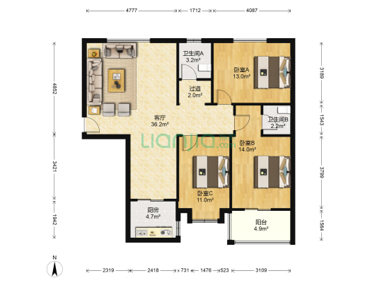 汇富商务公寓 3室1厅2卫 125平方