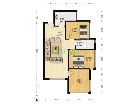 堤亚纳河谷 3室1厅1卫 84平方