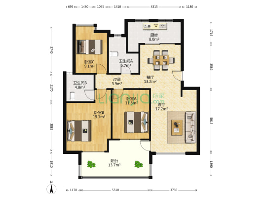 盛大兴城 3室2厅2卫 111平方
