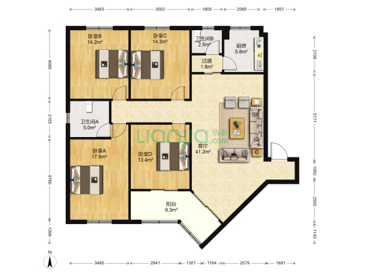 科华北路36号附6号 4室1厅2卫 149平方
