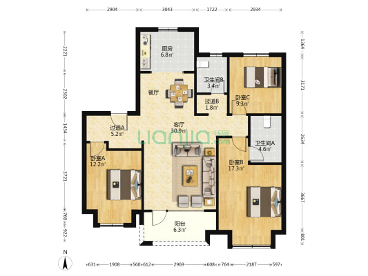 双城樾郡 3室1厅2卫 127平方