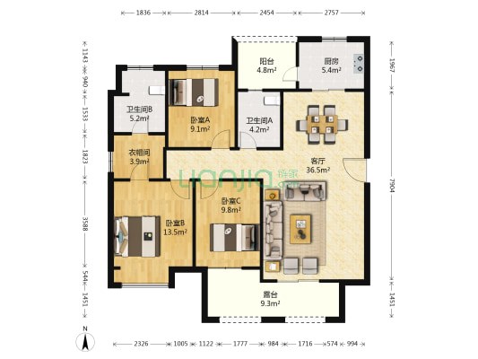 沿海翡丽公馆A区 3室1厅2卫 133平方
