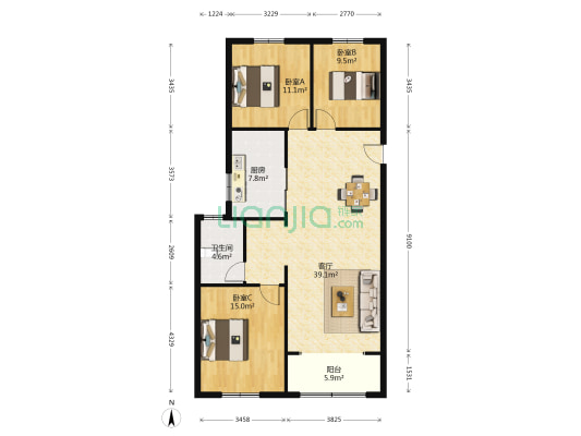 大象城 3室1厅1卫 124平方
