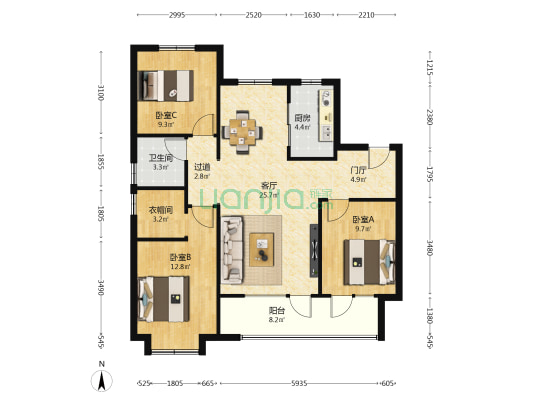 东原启城 3室1厅1卫 116平方