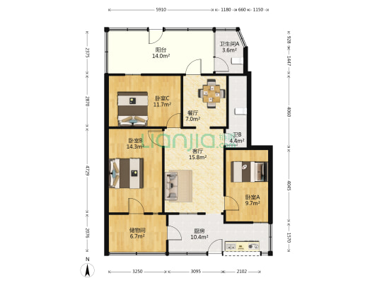 华丽小区 3室2厅2卫 85平方