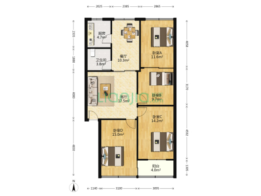 和平园 4室2厅1卫 102平方