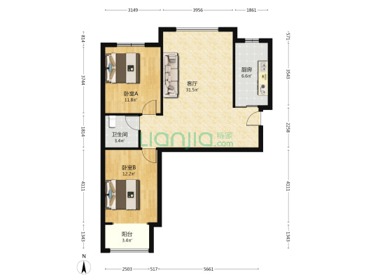 钻石广场通透两居，精装、拎包入住-户型图