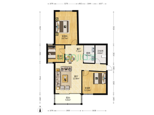 虹冠大厦 3室2厅1卫 113平方