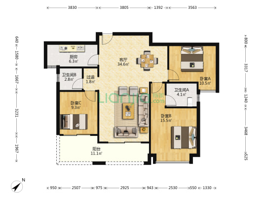 绿地新里缇香公馆 3室1厅2卫 125平方