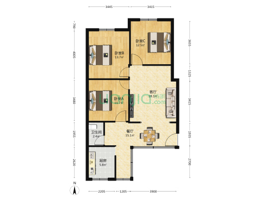 圆明小区 3室2厅1卫 81平方